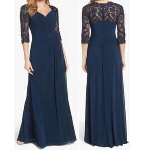 La Femme Sweetheart Neck Lace Sleeve Knot Detail Gown Dress Sz 18 Navy 23244 NEW